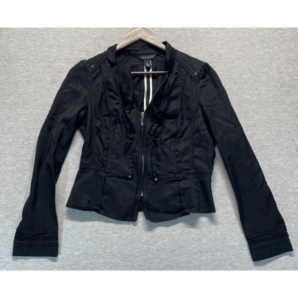 White House Black Market Jacket Womens 6 Black Rayon Ruffled Detail Full Zip